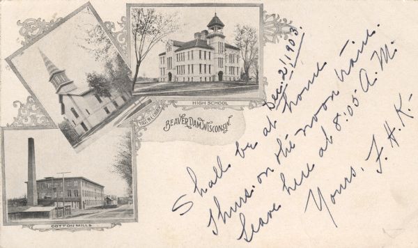 Postcard with three illustrations — the Cotton Mills, the First M.E. Church, and the High School.