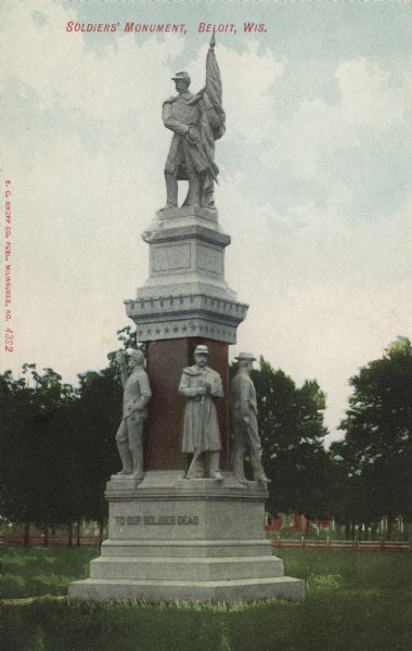 Colorized postcard view of a soldier's monument statue in a city park. Caption reads: "Soldier's Monument, Beloit, Wis."