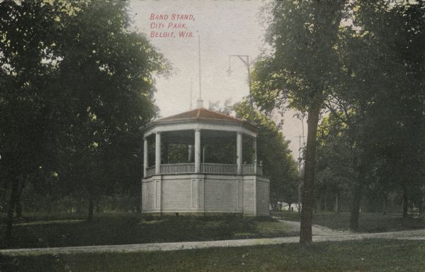 Colorized postcard view of an octagonal bandstand in a city park. Caption reads: "Band Stand, City Park, Beloit, Wis."