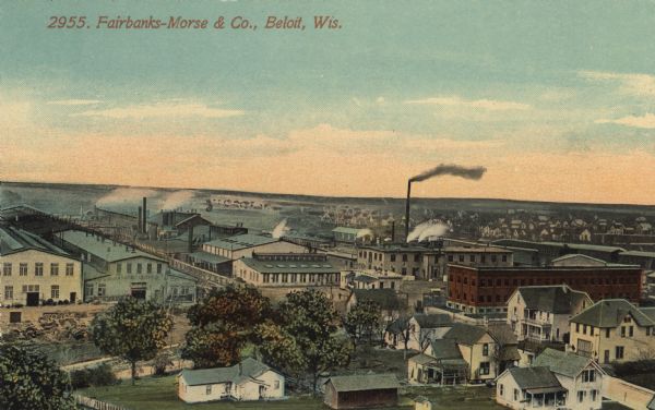 Colorized, elevated view of the Fairbanks-Morse factory complex. Caption reads: "Fairbanks-Morse & Co., Beloit, Wis."