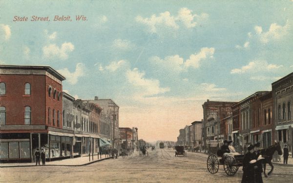 Colorized postcard view of a street in a central business district. A streetcar is in the distance and horse-drawn buggies are in the foreground. Caption reads: "State Street, Beloit, Wis."