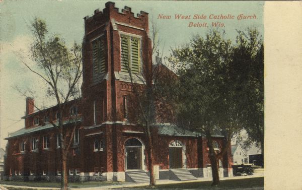 Colorized postcard view of the exterior of the New West Side Catholic Church. There are two entrances in the front. Caption reads: "New West Side Catholic Church, Beloit, Wis."