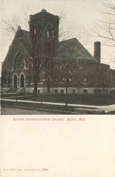 Colorized postcard view of the exterior of the Second Congregational Church. Caption reads: "Second Congregational Church, Beloit, Wis."