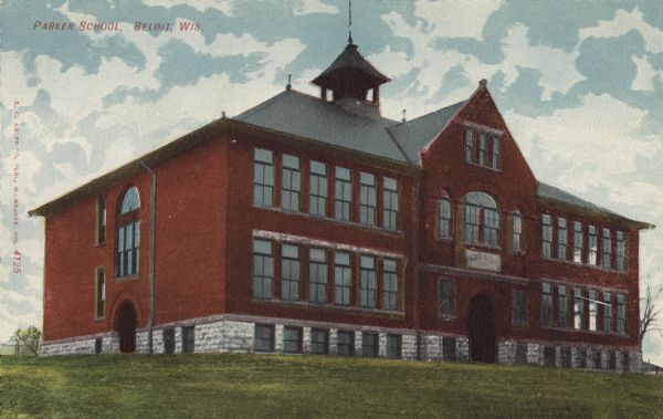 Colorized postcard view of the exterior of Parker School. Caption reads: "Parker School, Beloit, Wis."
