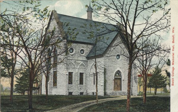 Colorized postcard view of the exterior of Memorial Hall and Logan Museum at Beloit College. Caption reads: "Beloit College Memorial Hall, Beloit, Wis."