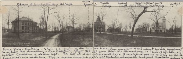 Panoramic view of the Beloit College campus. From left to right the buildings are identified by handwriting: library, art hall, men's gymnasium, middle college, science hall, Chopin Hall (men's house), and the chapel. Caption at bottom left reads: "Panoramic View of Beloit College."