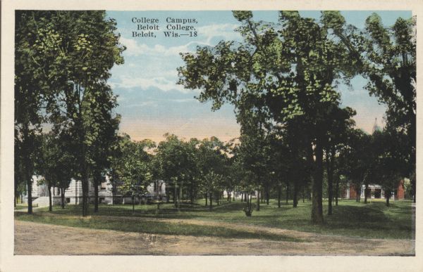Colorized postcard view of the Beloit College campus. Caption reads: "College Campus, Beloit College, Beloit, Wis."
