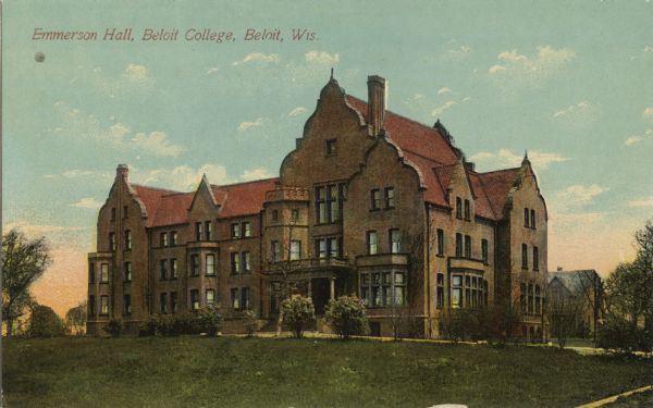 Colorized postcard view of Emmerson Hall on the Beloit College Campus. Caption reads: "Emmerson Hall, Beloit College, Beloit, Wis."