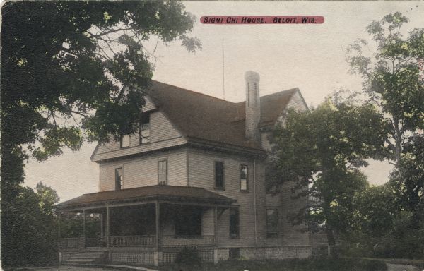 Colorized postcard view of the Sigma Chi House on the Beloit College Campus. Caption reads: "Sigma Chi House, Beloit, Wis."