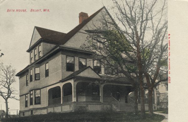 Colorized postcard view of the exterior of the Beta House on the Beloit College Campus. Caption reads: "Beta House, Beloit, Wis."