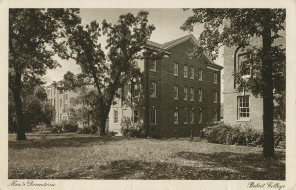 Photographic postcard of an exterior view of the men's dormitories. Caption reads: "Men's Dormitories, Beloit College."
