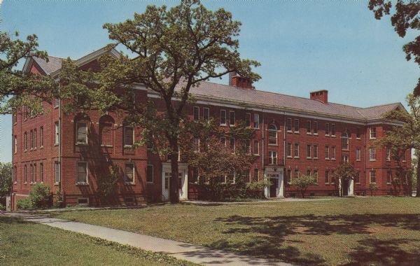 Photographic postcard view of the North (men's) Dormitory at Beloit College.