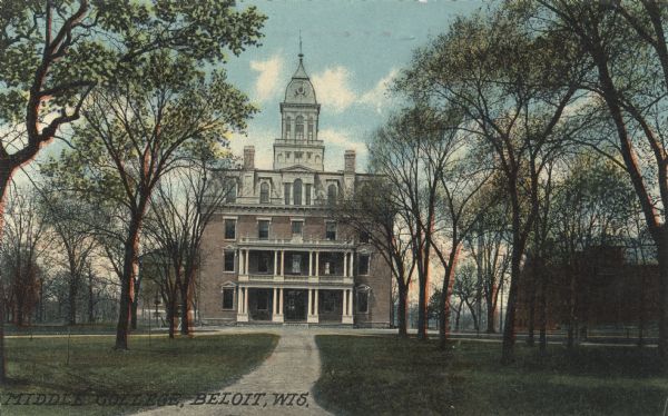 View down walk toward the exterior of Middle College at Beloit College. Caption reads: "Middle College, Beloit, Wis."