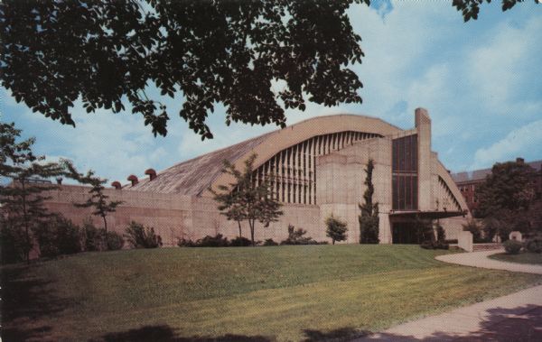 Photographic postcard view of the exterior of the Field House arena on the Beloit College campus.
