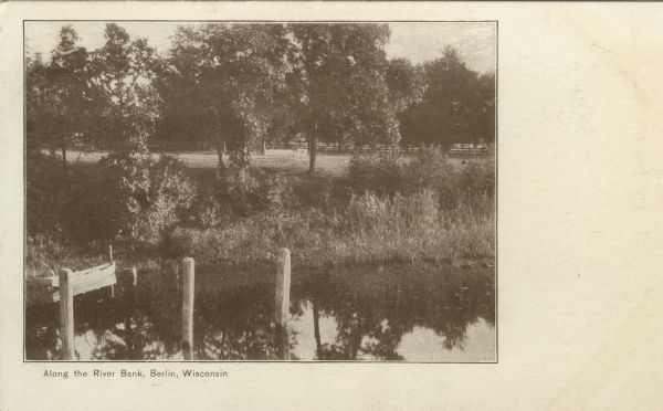 Photographic postcard view along the bank of the Fox River. There is a boat tied up at the shore. Caption reads: "Along the River Bank, Berlin, Wis."