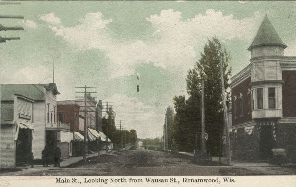 Colorized postcard view down center of unpaved street in the central business district of a small town. A group of people are gathered in front of the shop on the left. Caption reads: "Main St., Looking North from Wausau St., Birnamwood, Wis."