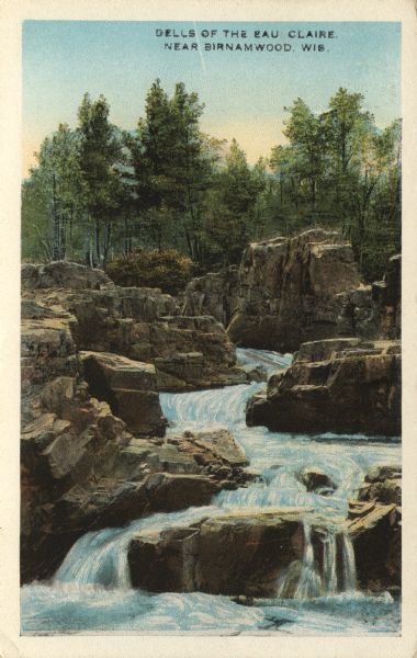 Colorized photographic postcard view looking up to the dells of the Eau Claire River with trees in the background. Caption reads: "Dells of the Eau Claire near Birnamwood, Wis."