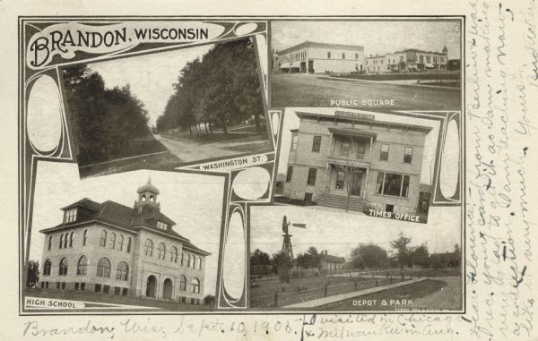Photographic postcard of a collage of 5 views of Brandon including; Washington St., Public Square, Times Office, High School, and Depot & Park.