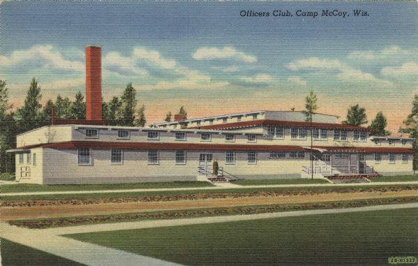Colorized view of the Officer's Club at Camp McCoy. There is an officer standing at the entrance. Caption reads: "Officer's Club, Camp McCoy, Wis."