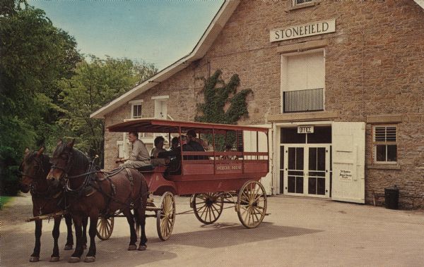 Color postcard of a horse bus in front of the Stonefield Visitors' Center.