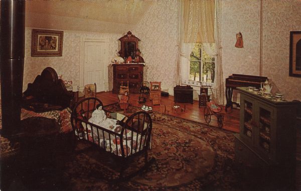 Color postcard of the daughter's bedroom in the Dewey home.