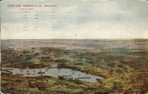 Hand-colored bird's eye view of Cedar Lake with various resorts labeled. Caption reads: "Cedar Lake, Washington Co. Wisconsin; Looking East, Wisconsin."