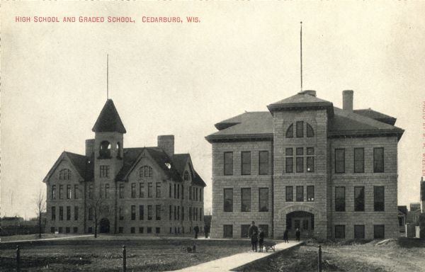 View of the high school (built 1908) and the Graded School (built 1894). Caption reads: "High School and Graded School, Cedarburg, Wis."