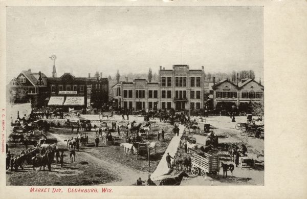 Elevated view of market day in the town square, crowded with people, horses and carts. A row of commercial buildings is across the square, and a windmill is in the distance. Caption reads: "Market Day, Cedarburg, Wis."
