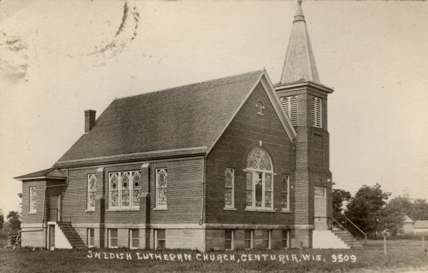 Exterior view of the Swedish Lutheran Church, a brick building with a bell tower and steeple. Stained-glass windows are on the front and sides. Caption reads: "Swedish Lutheran Church, Centuria, Wis."
