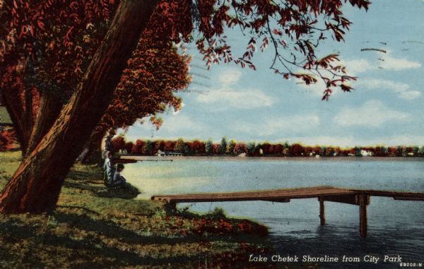 Hand-colored autumn scene of Lake Chetek. A man and two children are fishing near a dock. Caption reads: "Lake Chetek Shoreline from City Park."