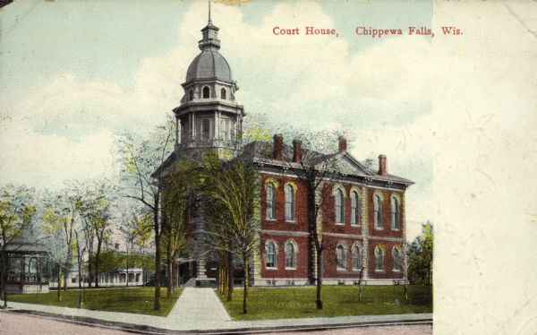 Color postcard showing corner view of Chippewa County Court House. On the left is a bandstand on the court house front lawn and two houses on the next block. Caption reads: "Court House, Chippewa Falls, Wis."