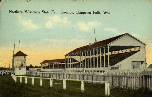 Colorized view of the grandstand at the Northern Wisconsin State Fair Grounds. Caption reads: "Northern Wisconsin State Fair Grounds, Chippewa Falls, Wis."