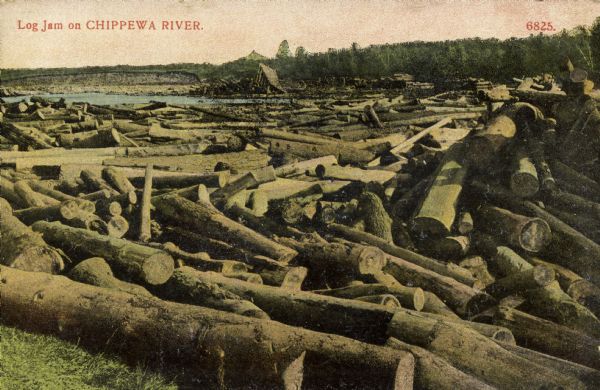 Colorized view of log jam. A sand bluff is across the river in the upper left corner. Caption reads: "Log Jam on Chippewa River."