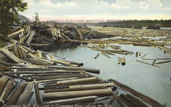 Colorized postcard of logs floating in river, looking east between falls and railroad bridge. In the upper right corner is a large number of logging pylons on the south side of the river. Caption reads: "Chippewa Falls, Wis. Logs in Chippewa River, above the Falls."