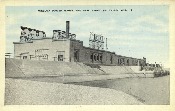 Colorized postcard view of Wissota hydroelectric power house and dam as seen from Lake Wissota upstream side. Wissota dam is east of Chippewa Falls. Caption reads: "Wissota Power House and Dam, Chippewa Falls, Wis."