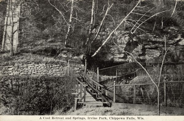 Rock outcroppings with birch trees and a long staircase climbing a hill in Irvine Park. Caption reads: "A Cool Retreat and Springs, Irvine Park, Chippewa Falls, Wis."