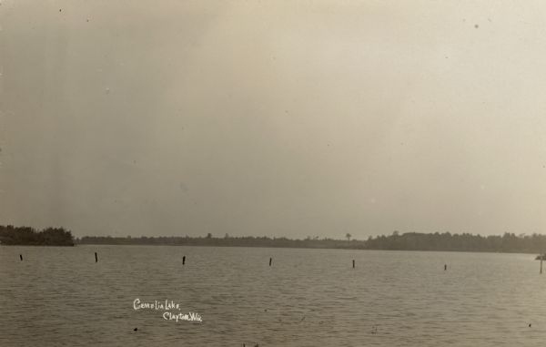 Black and white postcard of Cemelia Lake.