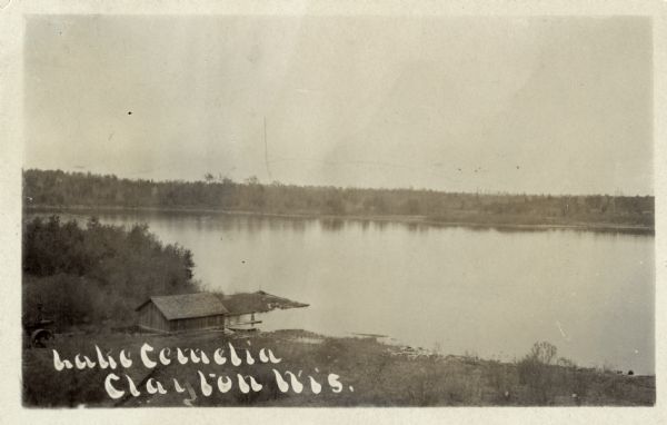 Elevated black and white photographic postcard of Lake Cemelia, with boathouse and pier.