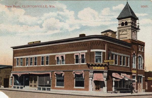 Colorized photographic view from street towards the State Bank building on a corner. Caption reads: "State Bank, Clintonville, Wis."