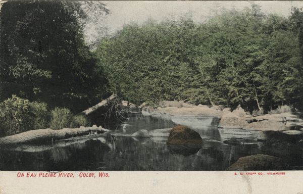 Color postcard of the Eau Pleine River and trees along the river bank. Caption reads: "On Eau Pleine River, Colby, Wis."