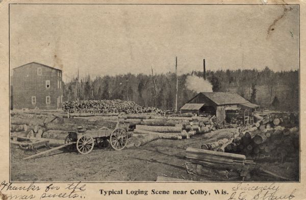 Black and white postcard of a typical logging scene, showing a wagon, logs on the ground and two buildings. Caption reads: "Typical Logging Scene Near Colby, Wis."