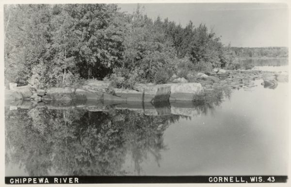 Elevated view of the Chippewa River. Caption reads: "Chippewa River, Cornell, Wis."