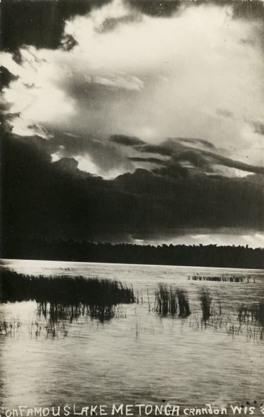 Photographic postcard view of Lake Metonga, with marshy area in foreground. Caption reads: "On Famous Lake Metonga, Crandon, Wis."