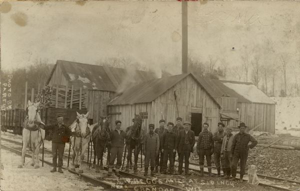 Photographic postcard of a group of workers, horses, and a dog posing at railroad siding at C.W. Begg's Mill. Caption reads: "C.W. Begg's Mill at Siding, Crandon, Wis."