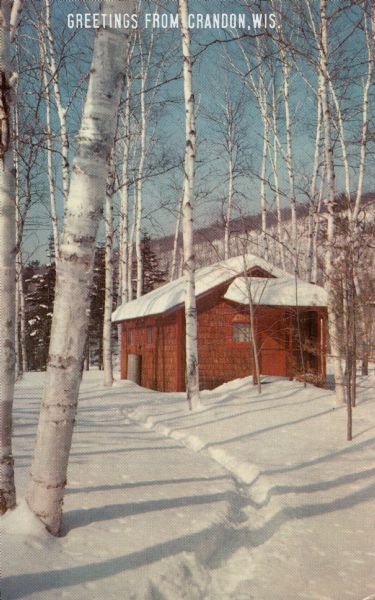 View up path in the snow towards a red cabin among birch trees. In the background are pine trees, and a hill in the far background. Title on back reads: "Snow Scene."