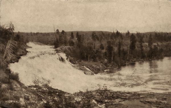 Photographic postcard view of High Falls. Caption reads: "High Falls, Crivitz, Wis."