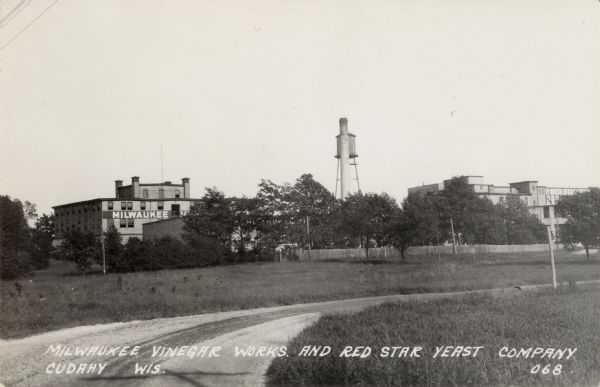 Photographic postcard view down curving road and fields toward the works. Caption reads: "Milwaukee Vinegar Works And Red Star Yeast Company, Cudahy, Wis."