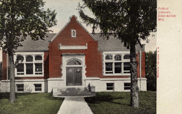 View of entrance to the Public Library. Caption reads: "Public Library,  Darlington, Wis."