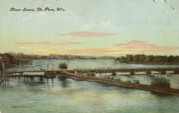 Color enhanced view of the Fox River. Caption reads: "River Scene, De Pere, Wis."