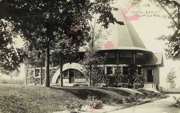 Black and white postcard view of the chapel at St. John's Military Academy.  Caption reads: "Chapel., S.J.M.A., Delafield, Wis."